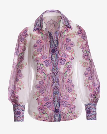 Boca Raton Paisley Print Textured Organza Victoria Drama Sleeve Shirt Lavender